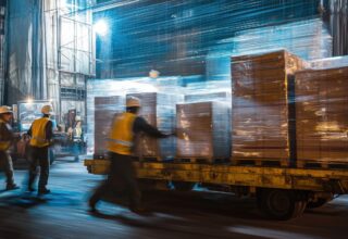 A team of workers in safety vests is actively loading large, wrapped crates onto a yellow transport cart in a bustling warehouse at night.